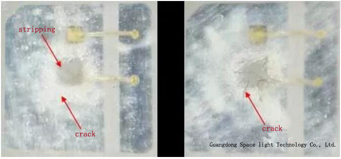 Typical organic material encapsulates UV LED room temperature aging appearance (L:336H, R:528H)