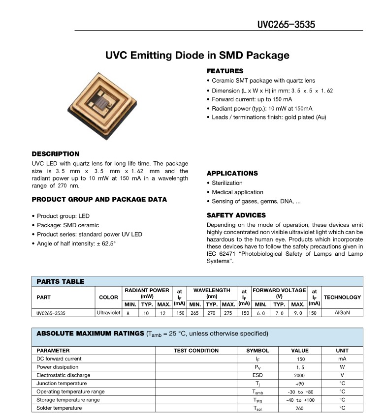 Best 265nm UVC Ultraviolet LEDs for UV Flashlight Suppliers